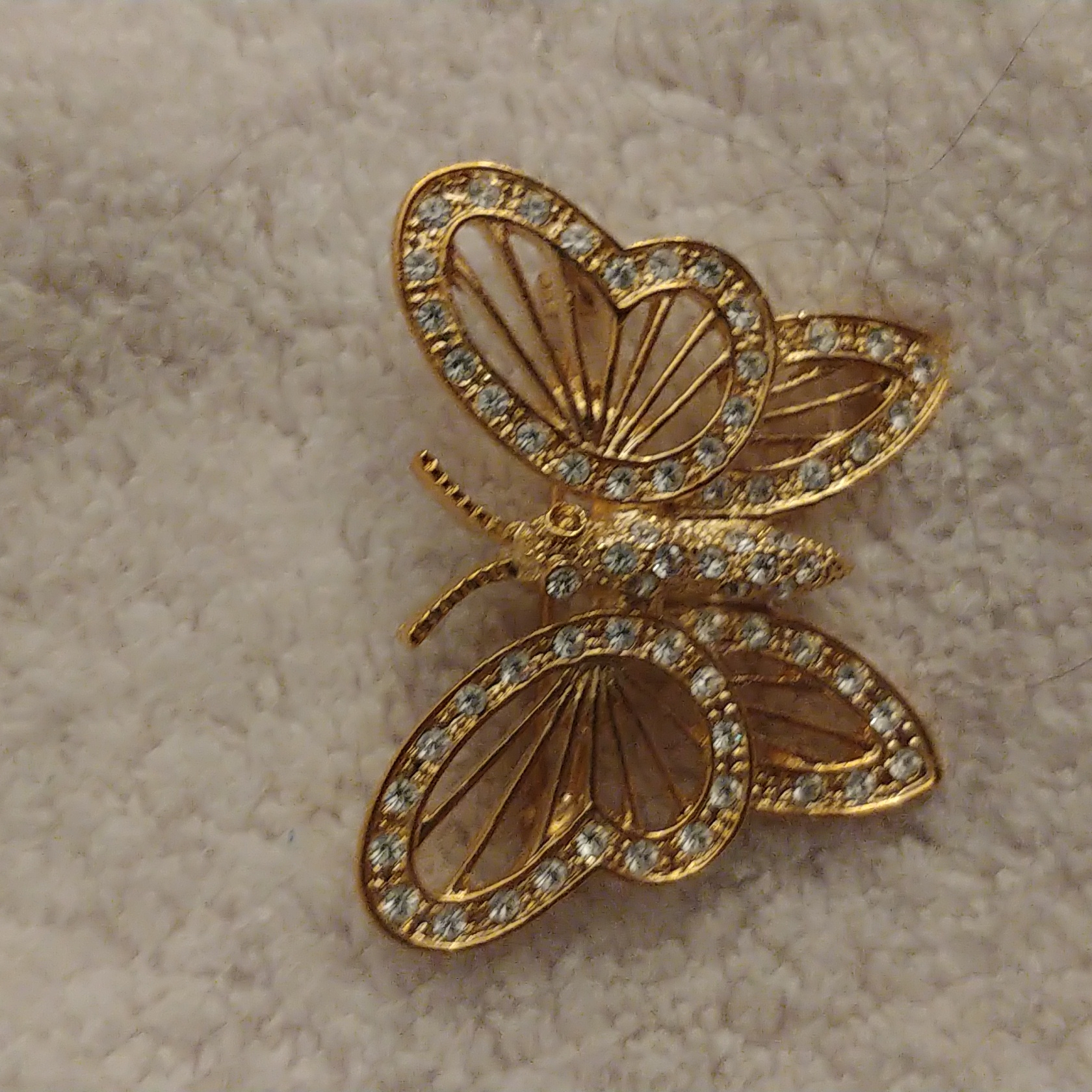 1980s Roman Signed Filigree Crystal Rhinestone And Gold Tone Butterfly Pin